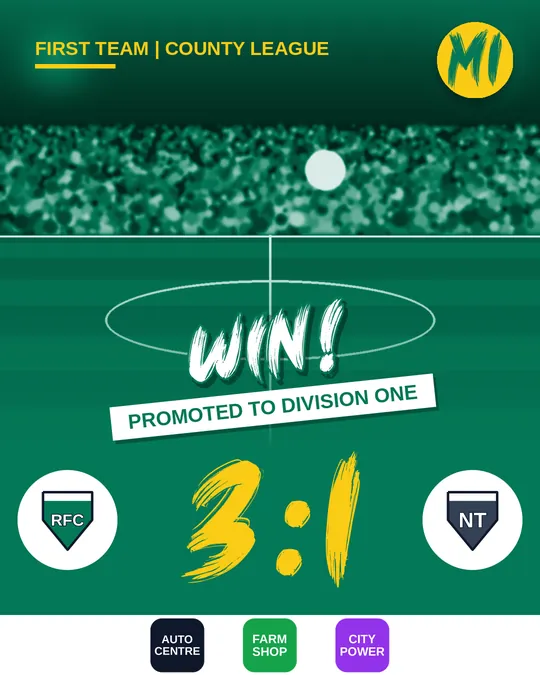 Example post: Riverside FC vs. Northfield Town 3:1, win with the extra line “Promoted to Division One”