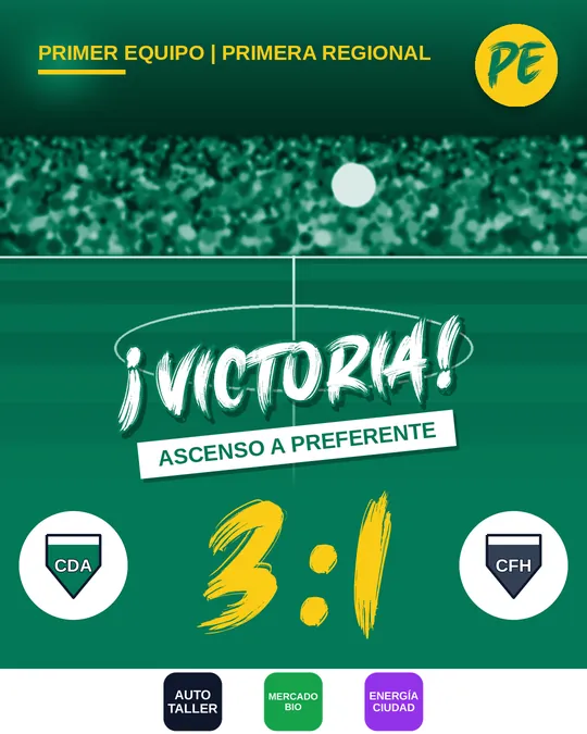 Publicación de ejemplo: CD Águilas contra CF Halcones 3:1, victoria con la línea adicional «Ascenso a Preferente»