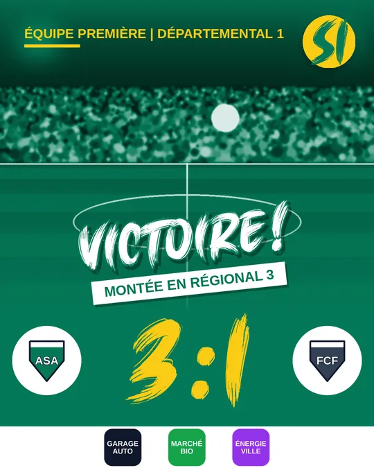 Exemple de post : AS Aigles contre FC Faucons 3:1, victoire avec la ligne supplémentaire « Montée en Régional 3 »
