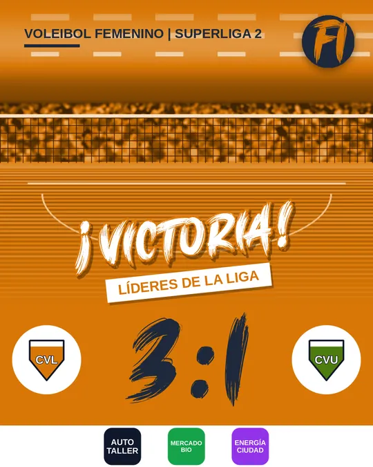 Publicación de ejemplo de voleibol: CV Lago contra CV Urraca 3:1, victoria con la línea adicional «Líderes de la liga»
