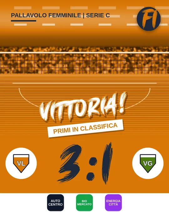 Post di esempio pallavolo: Volley Lago contro Volley Gazza 3:1, vittoria con la riga aggiuntiva “Primi in classifica”